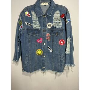 Oversized Molly Green Denim Jacket with Patches Small